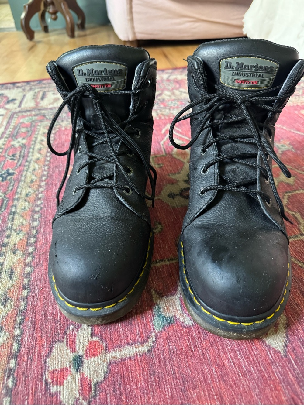 Dr. Martens Black Leather Industrial Lace-Up Safety Boots with Yellow Stitching